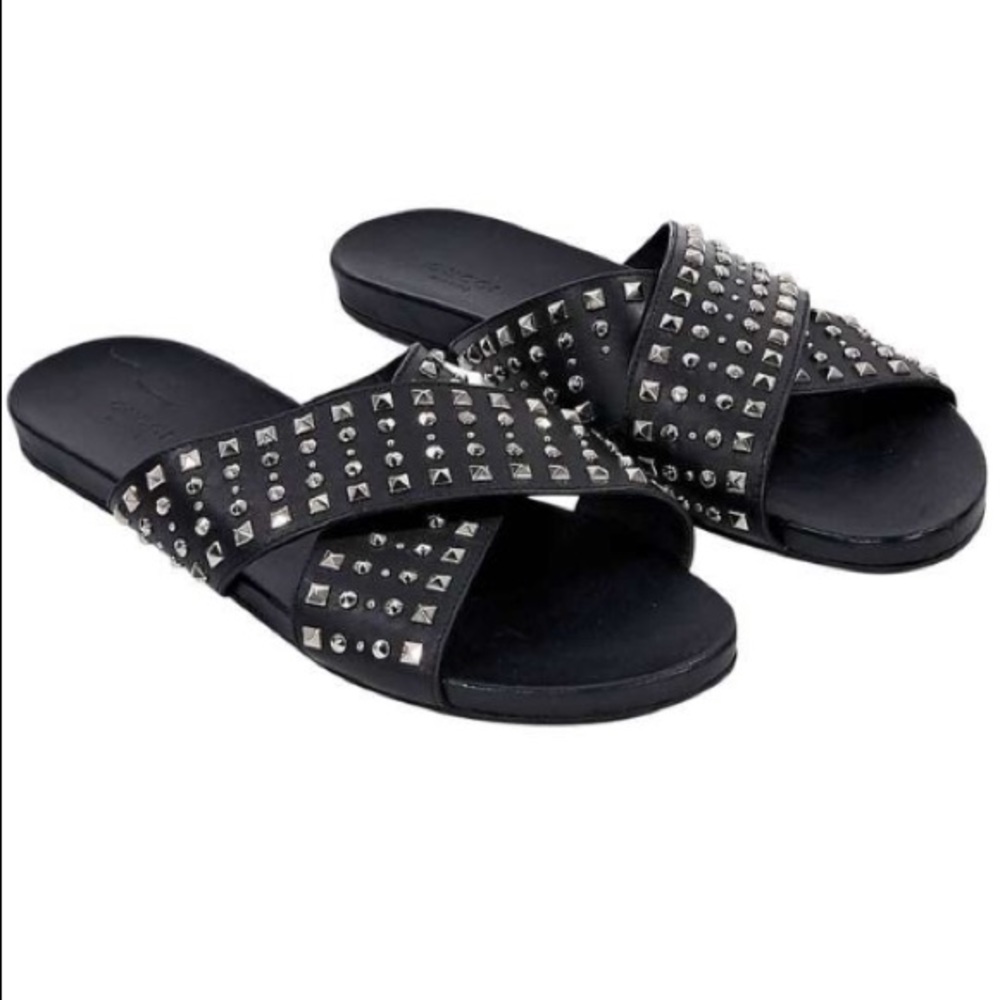 Black Gucci Studded Leather Slides - Authentic